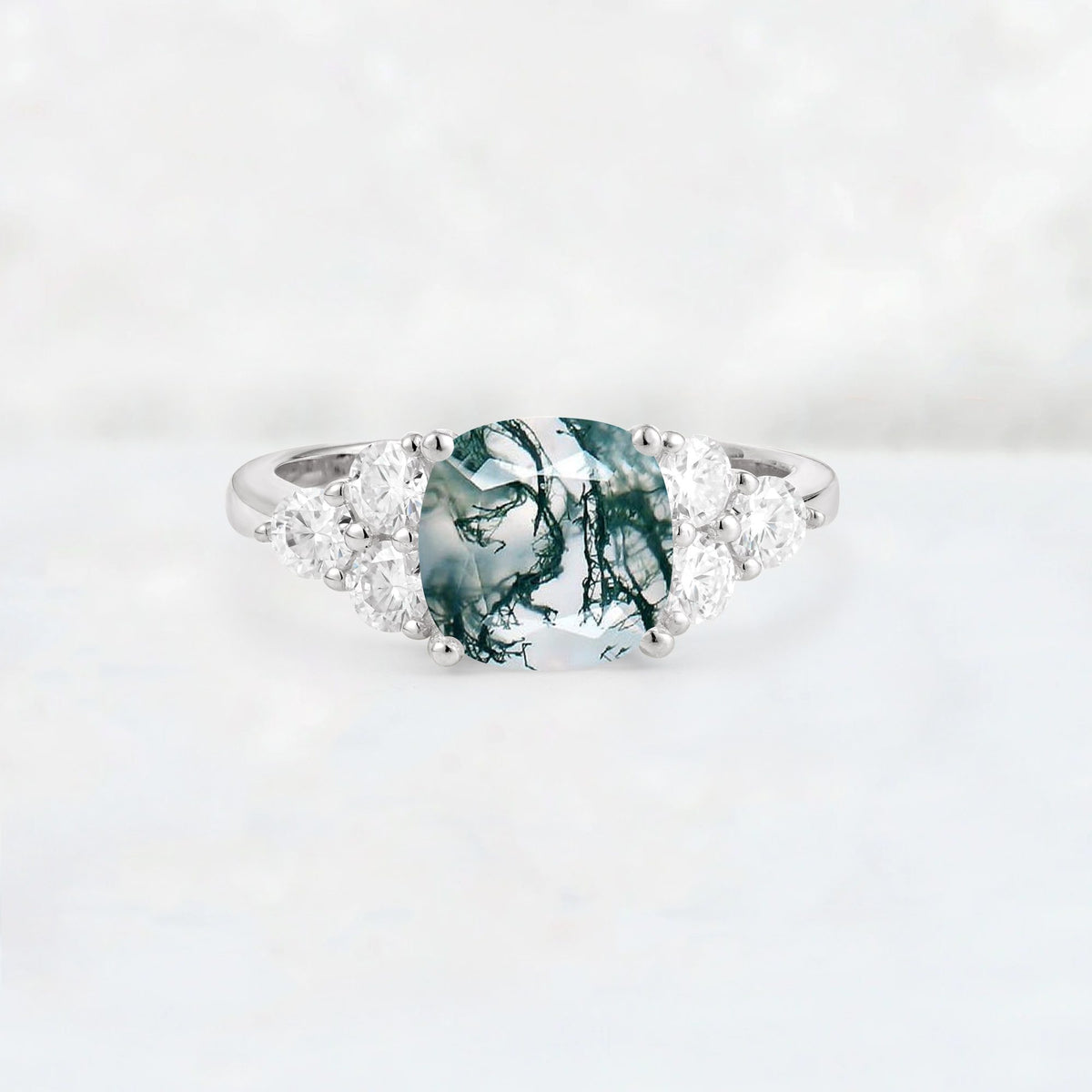 Cushion Cut Moss Agate Graduated Cluster Side Stone Engagement Ring - Additional view