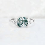 Cushion Cut Moss Agate Graduated Cluster Side Stone Engagement Ring - Additional view