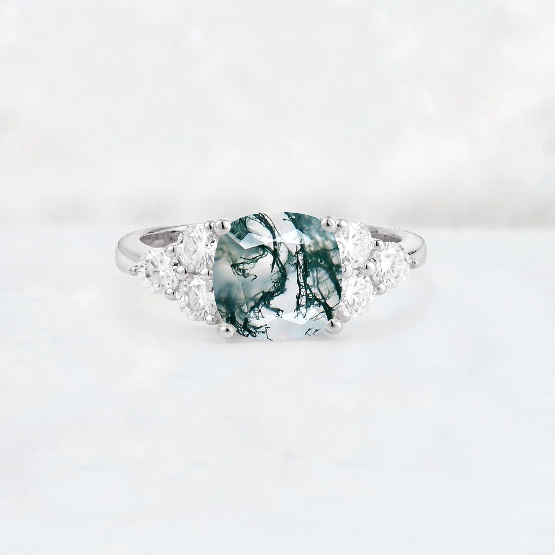 Cushion Cut Moss Agate Graduated Cluster Side Stone Engagement Ring - Additional view