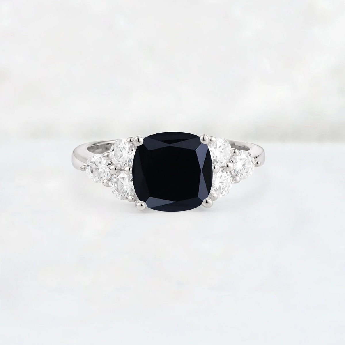 Cushion Cut Black Onyx Graduated Cluster Side Stone Engagement Ring - Additional view