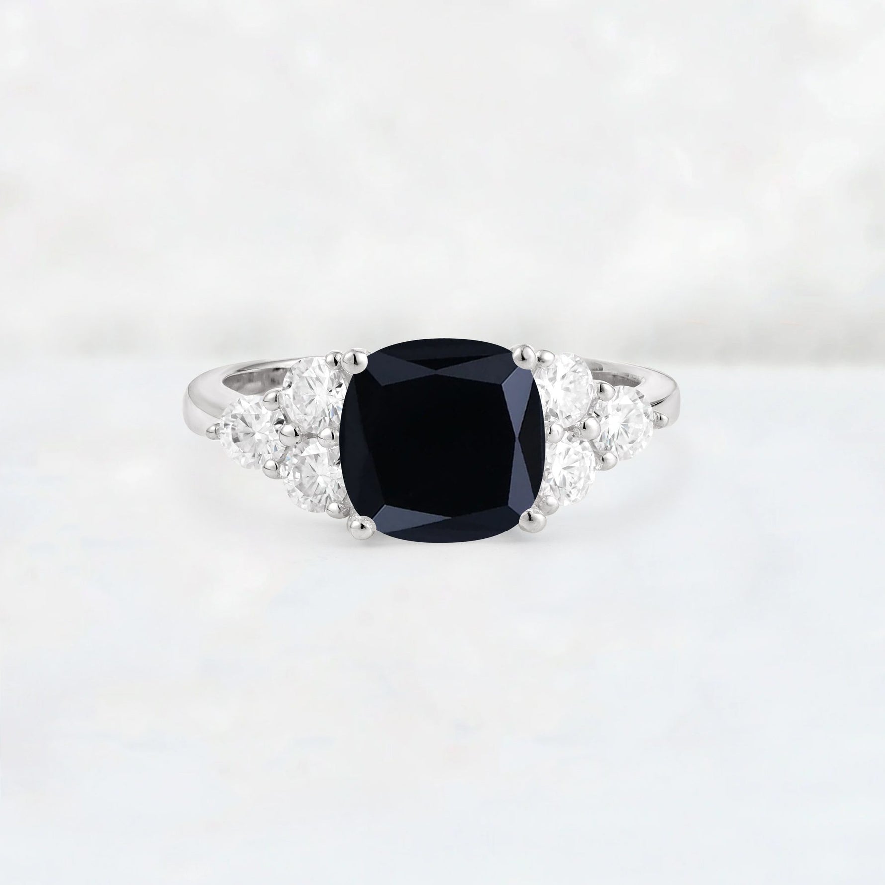 Cushion Cut Black Onyx Graduated Cluster Side Stone Engagement Ring - Additional view