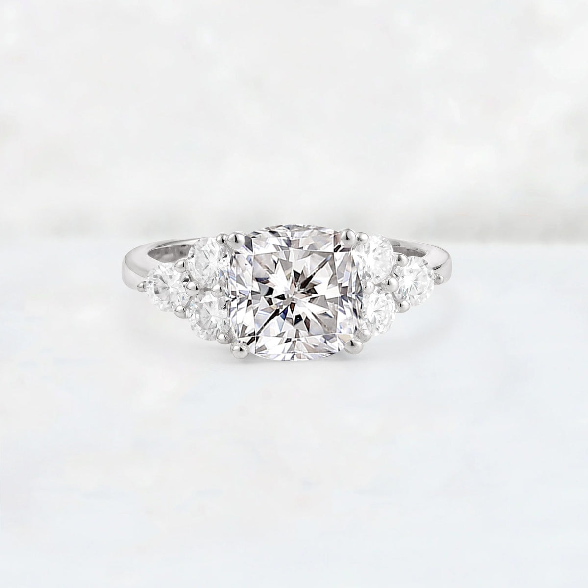 Cushion Cut Lab Diamond Graduated Cluster Side Stone Engagement Ring - Additional view