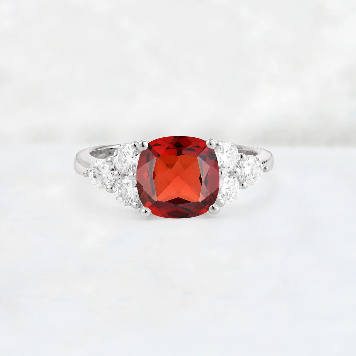 Cushion Cut Garnet Graduated Cluster Side Stone Engagement Ring - Additional view
