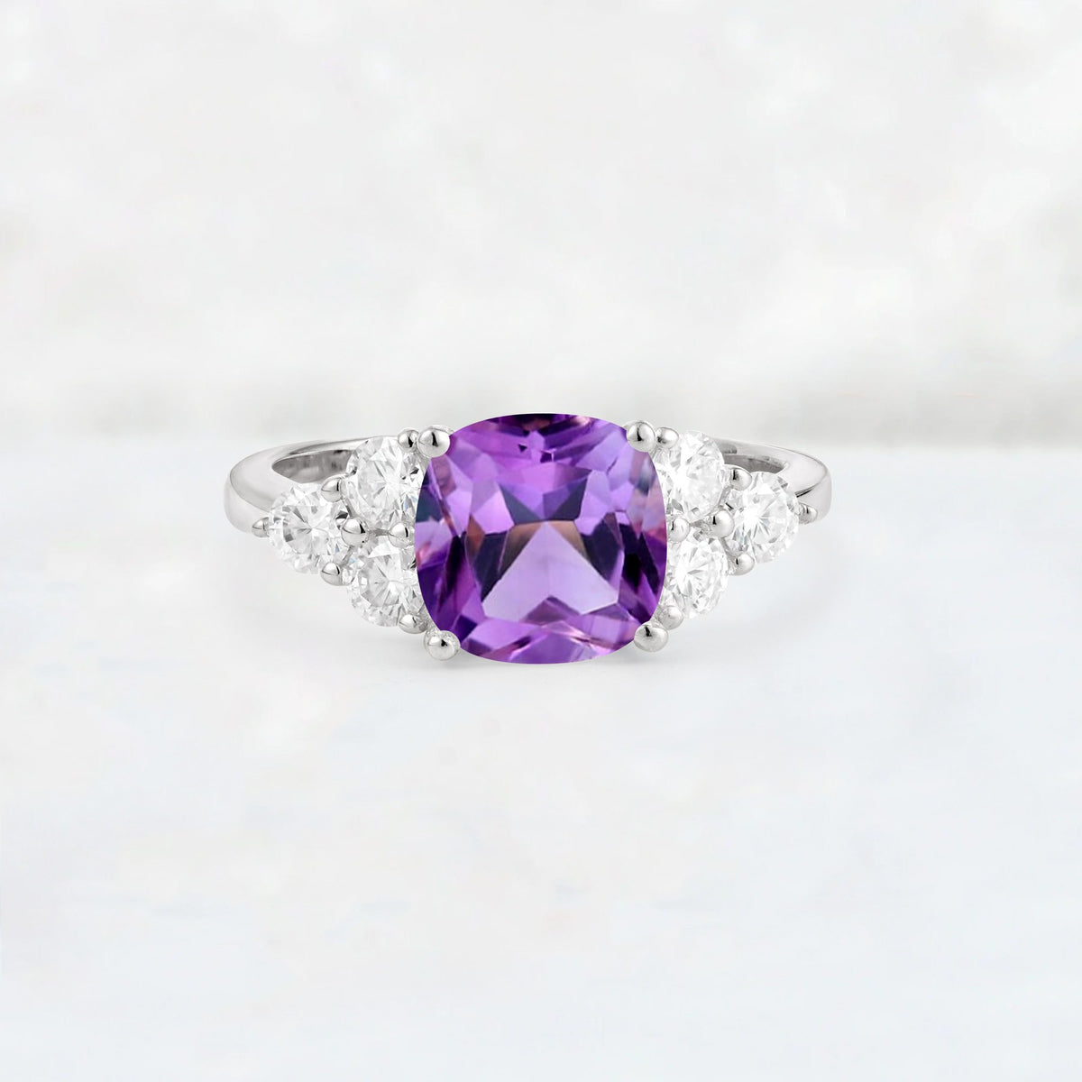 Cushion Cut Amethyst Graduated Cluster Side Stone Engagement Ring - Additional view