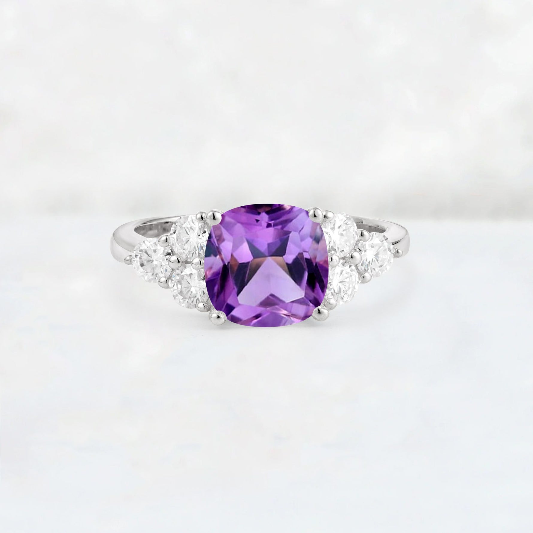Cushion Cut Amethyst Graduated Cluster Side Stone Engagement Ring - Additional view