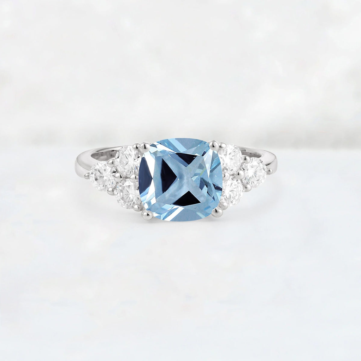 Cushion Cut Aquamarine Graduated Cluster Side Stone Engagement Ring - Additional view