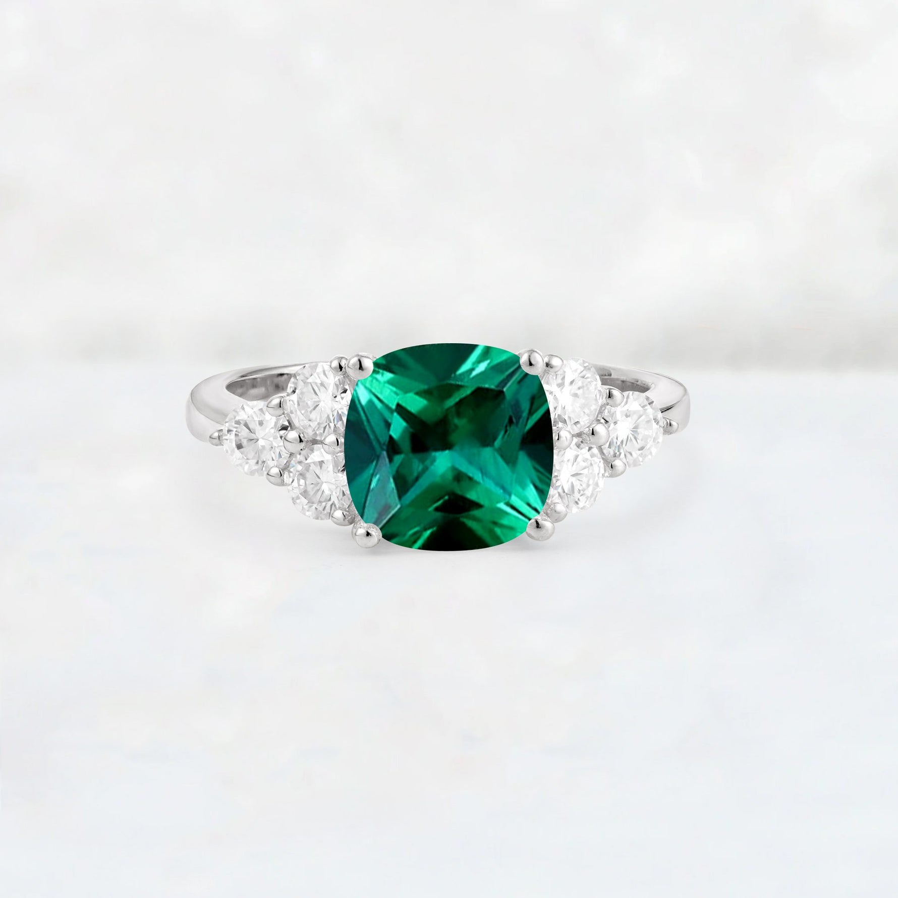 Cushion Cut Emerald Graduated Cluster Side Stone Engagement Ring - Additional view