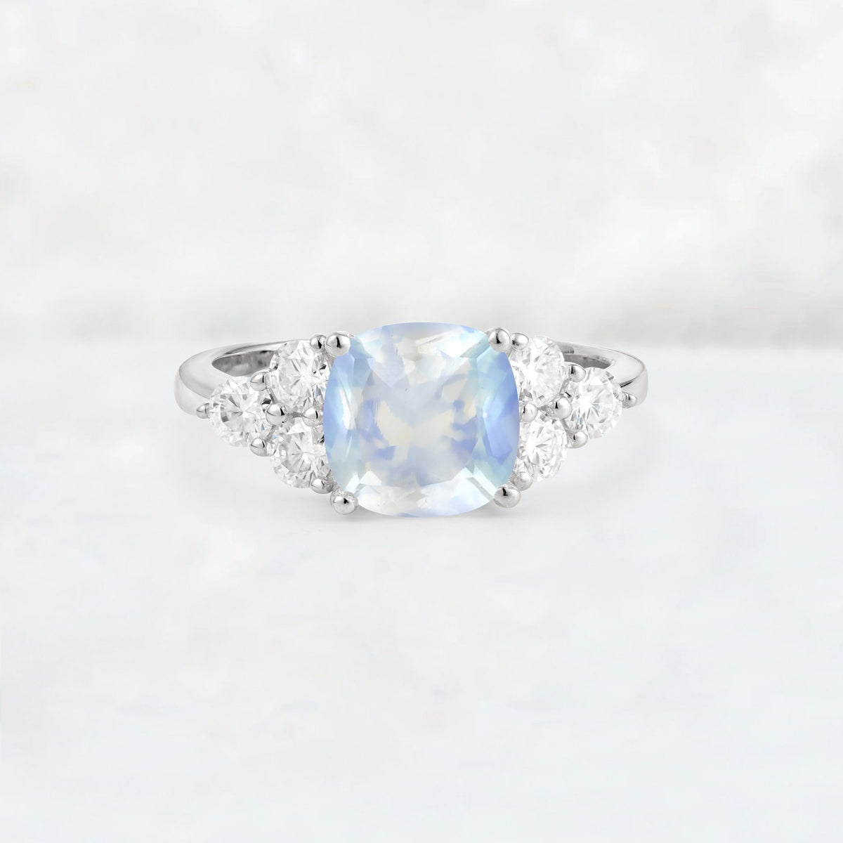 Cushion Cut Moonstone Graduated Cluster Side Stone Engagement Ring - Additional view