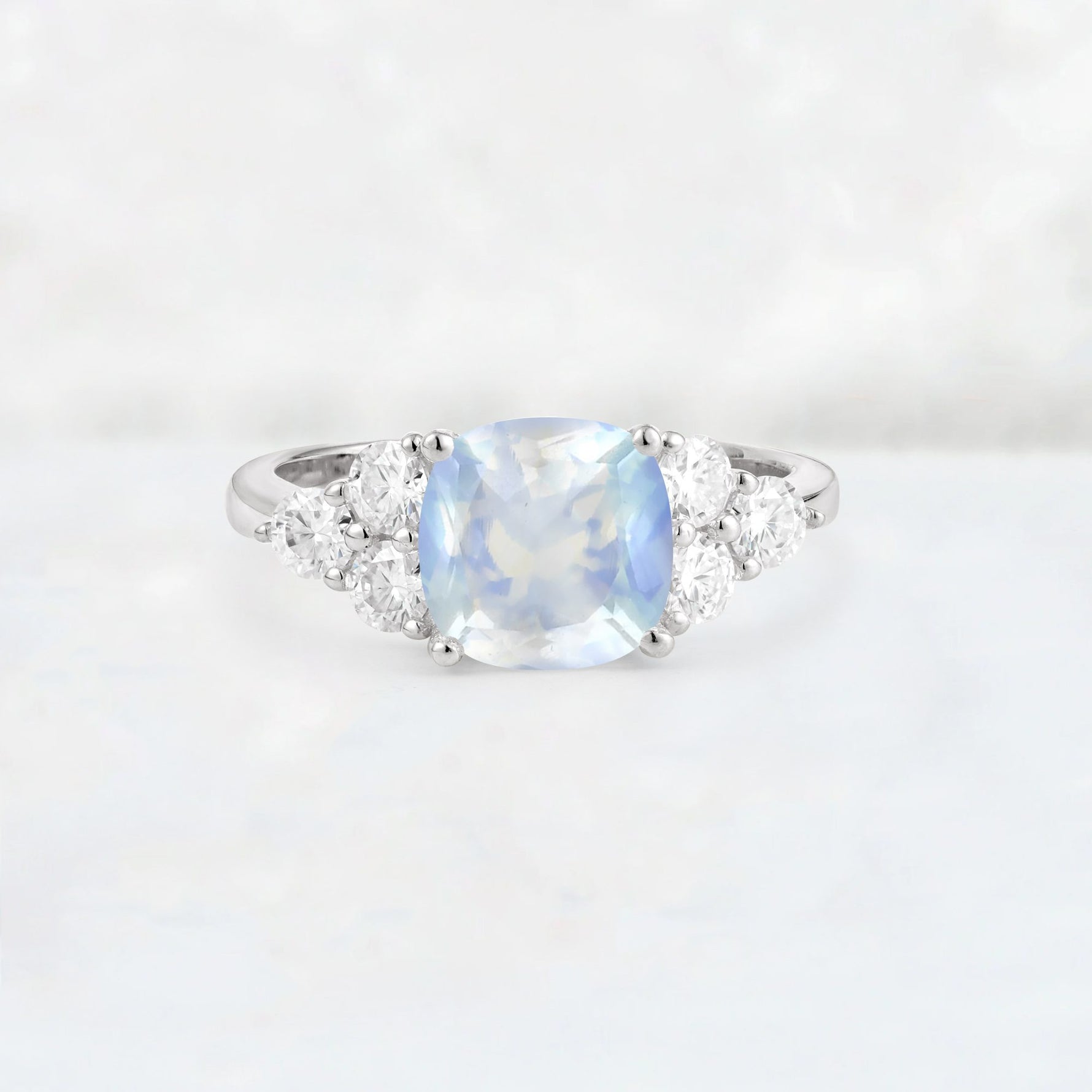 Cushion Cut Moonstone Graduated Cluster Side Stone Engagement Ring - Additional view