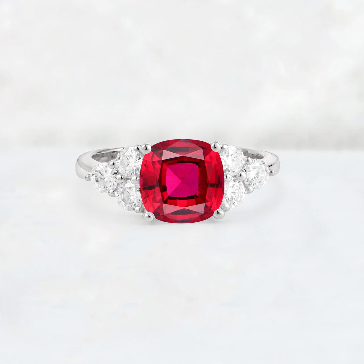 Cushion Cut Ruby Graduated Cluster Side Stone Engagement Ring - Additional view