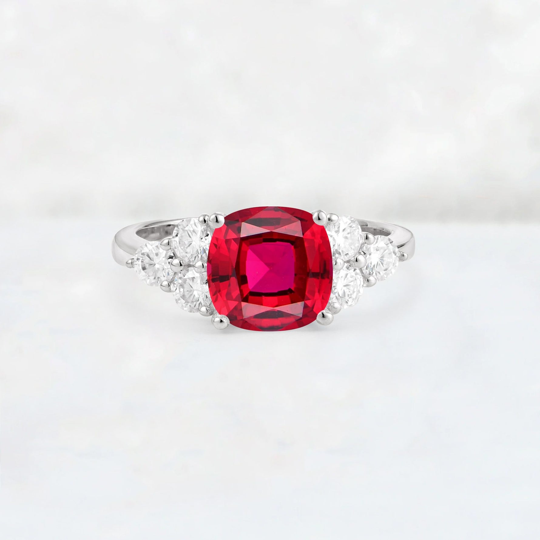 Cushion Cut Ruby Graduated Cluster Side Stone Engagement Ring - Additional view