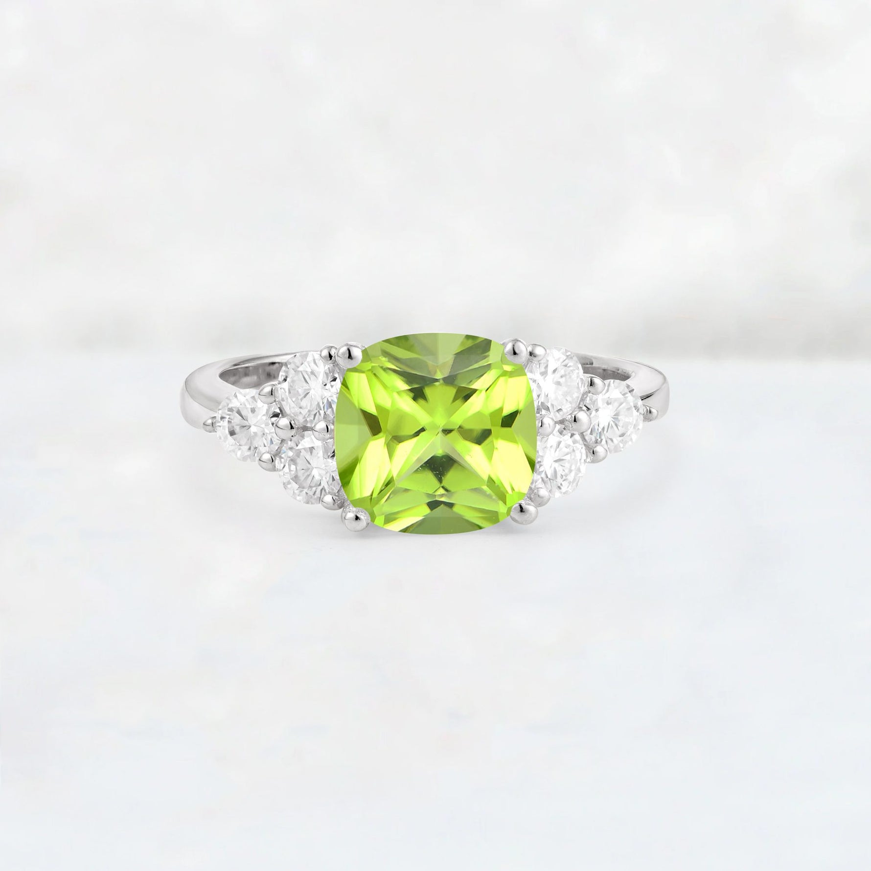 Cushion Cut Peridot Graduated Cluster Side Stone Engagement Ring - Additional view
