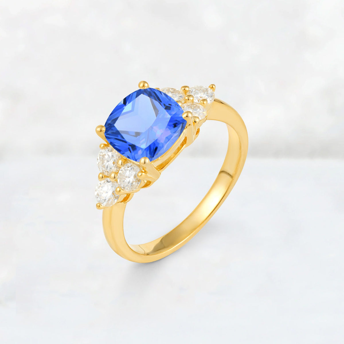 Cushion Cut Sapphire Graduated Cluster Side Stone Engagement Ring - Additional view