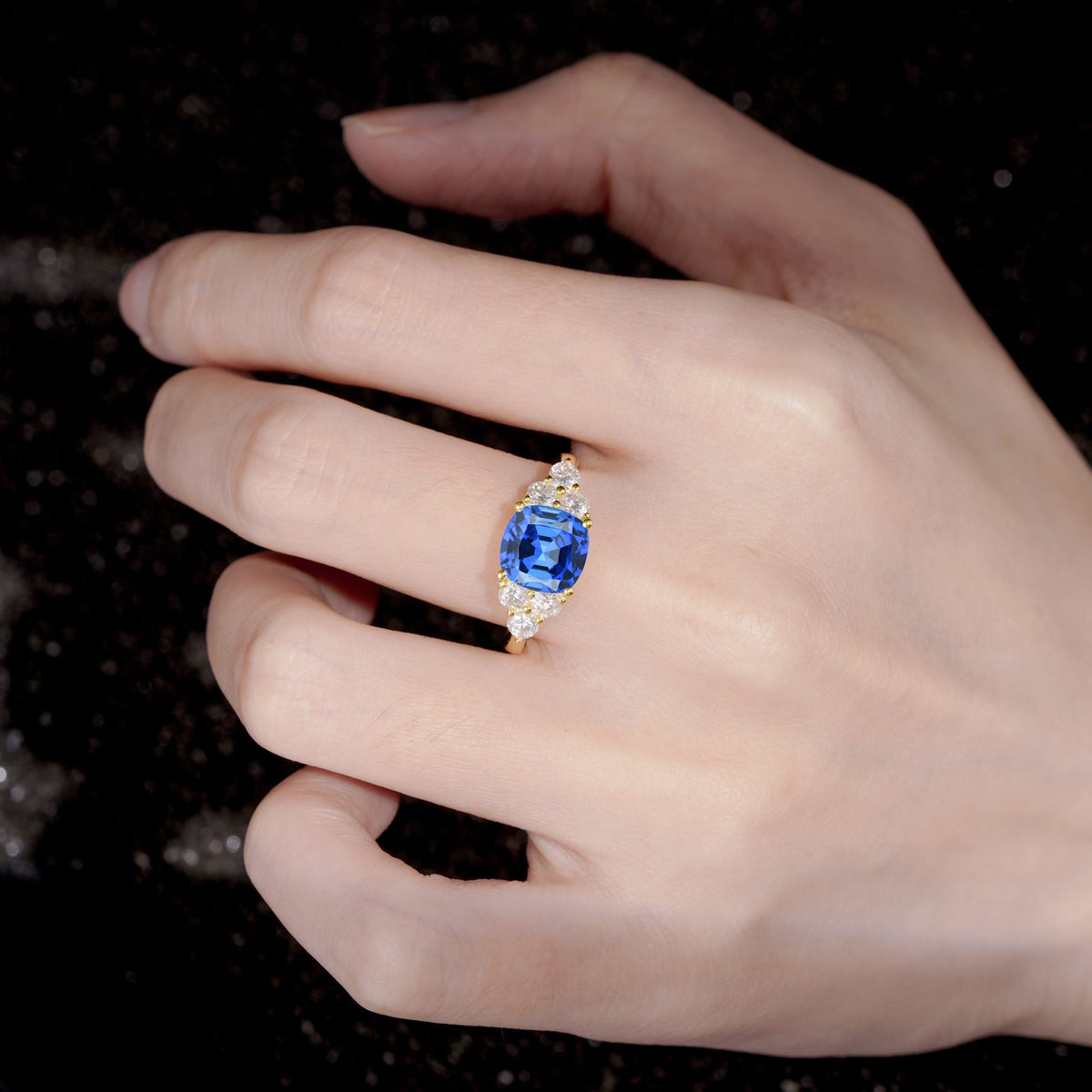 Cushion Cut Sapphire Graduated Cluster Side Stone Engagement Ring - Additional view