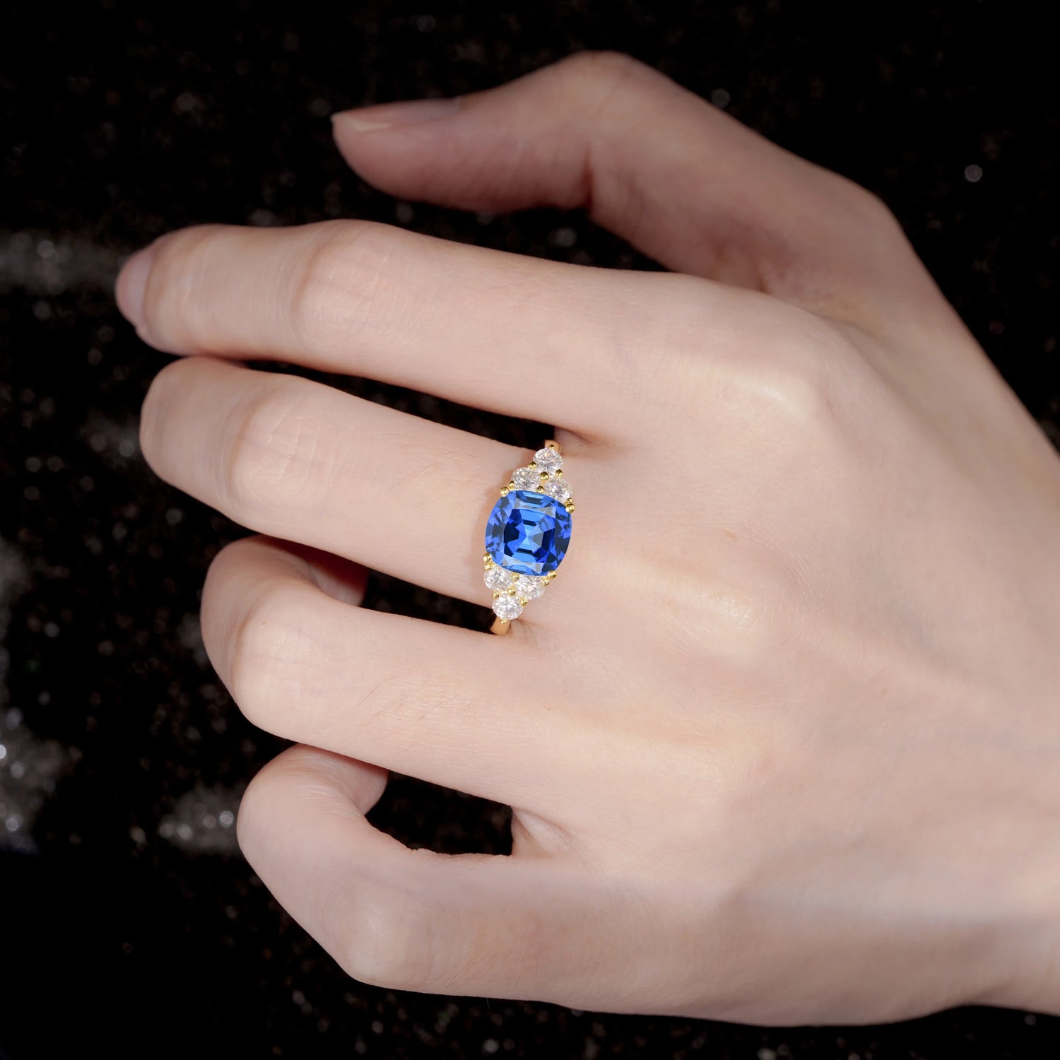 Cushion Cut Sapphire Graduated Cluster Side Stone Engagement Ring - Additional view