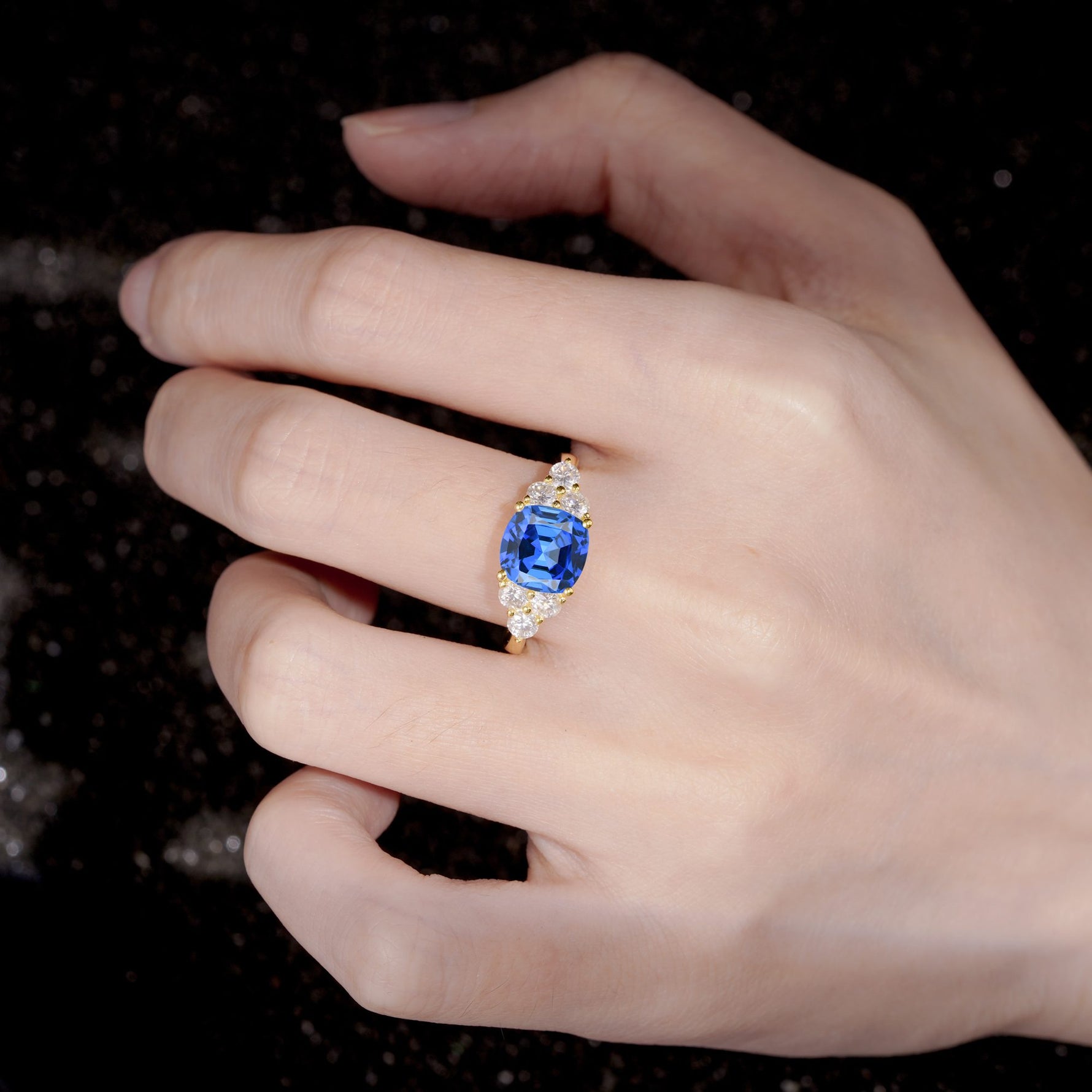 Cushion Cut Sapphire Graduated Cluster Side Stone Engagement Ring - Additional view