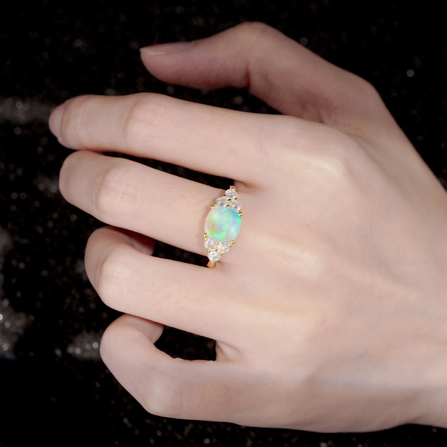 Cushion Cut Fire Opal Graduated Cluster Side Stone Engagement Ring - Additional view