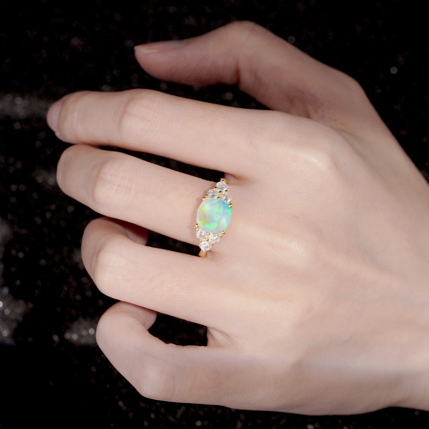 Cushion Cut Fire Opal Graduated Cluster Side Stone Engagement Ring - Additional view