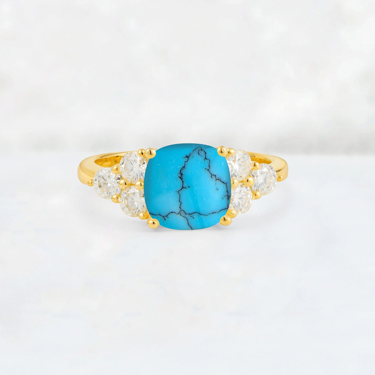 Cushion Cut Turquoise Graduated Cluster Side Stone Engagement Ring - Additional view