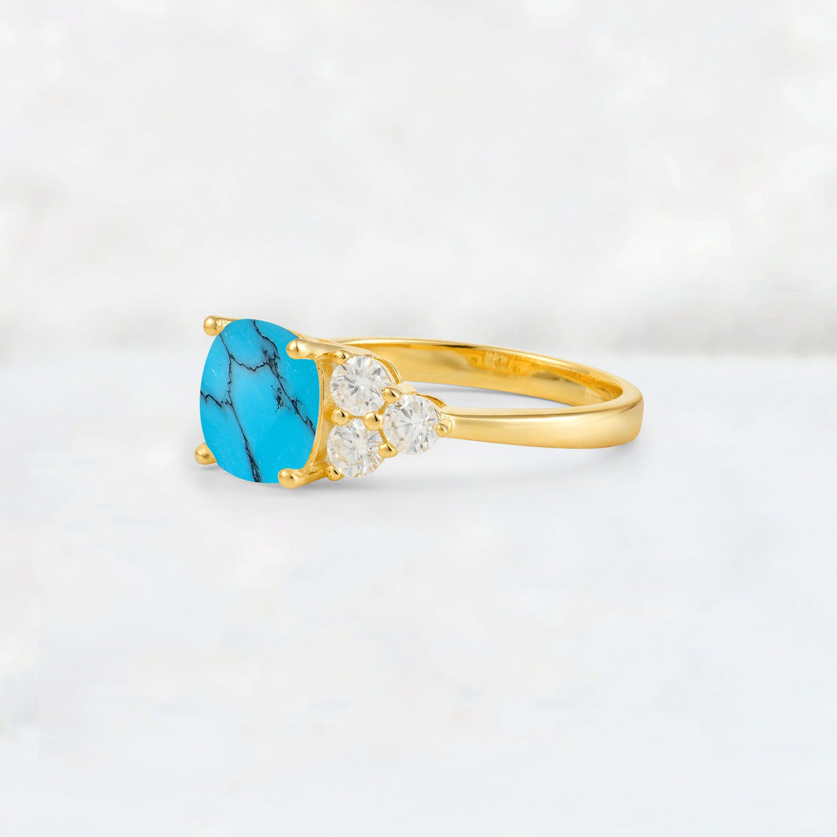 Cushion Cut Turquoise Graduated Cluster Side Stone Engagement Ring - Additional view