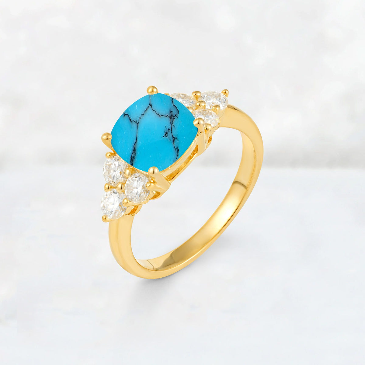 Cushion Cut Turquoise Graduated Cluster Side Stone Engagement Ring - Additional view