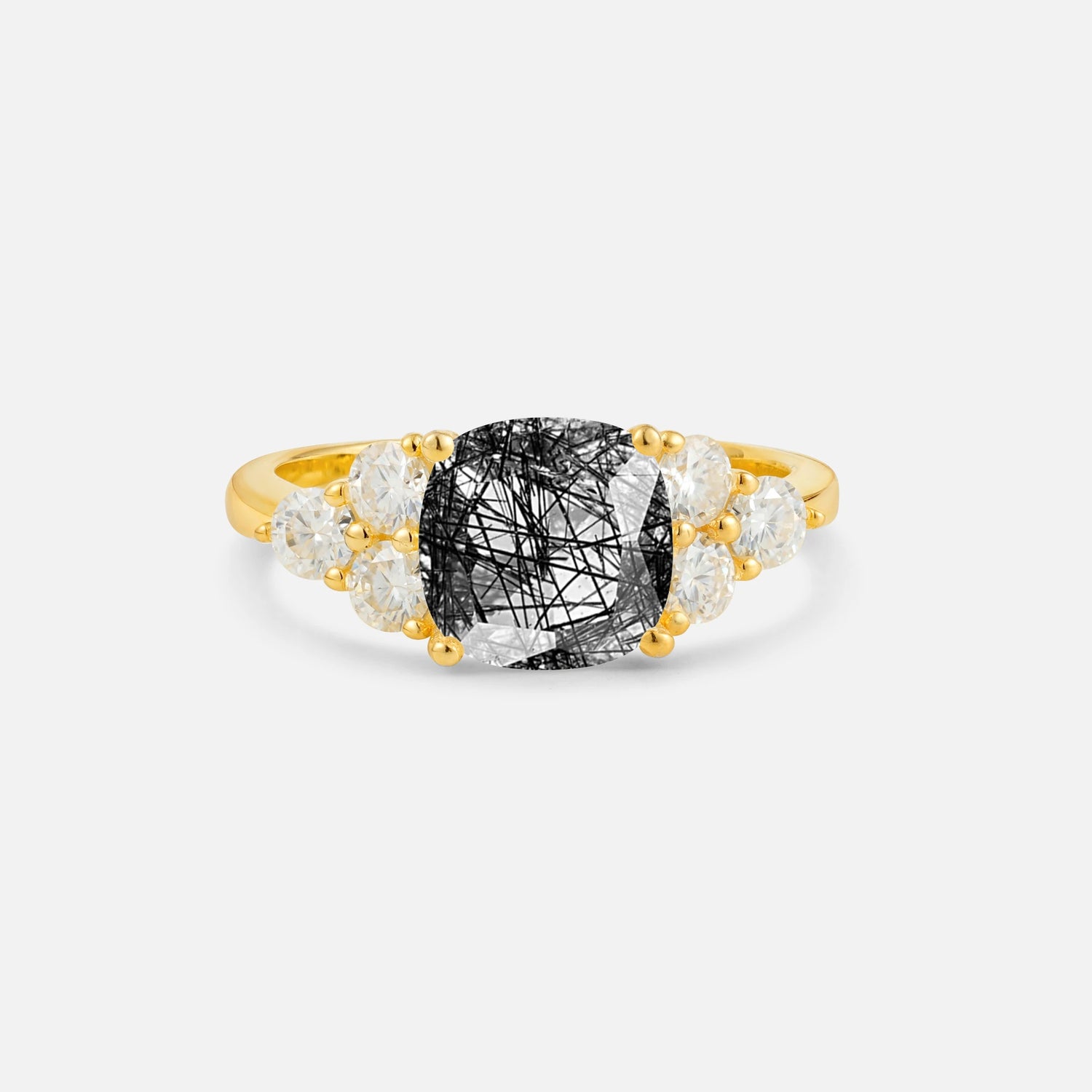 Cushion Cut Black Rutilated Quartz Graduated Cluster Side Stone Engagement Ring - Additional view