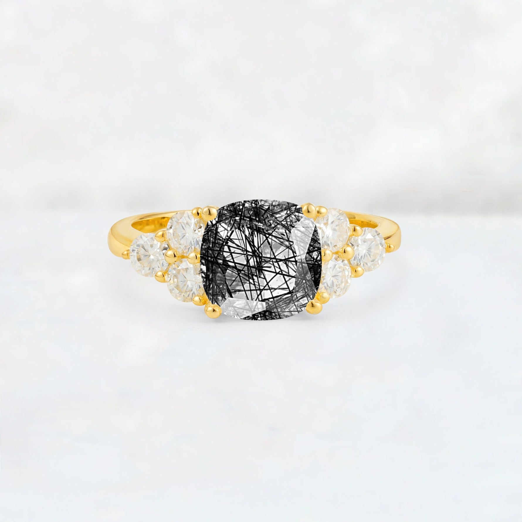 Cushion Cut Black Rutilated Quartz Graduated Cluster Side Stone Engagement Ring - Additional view
