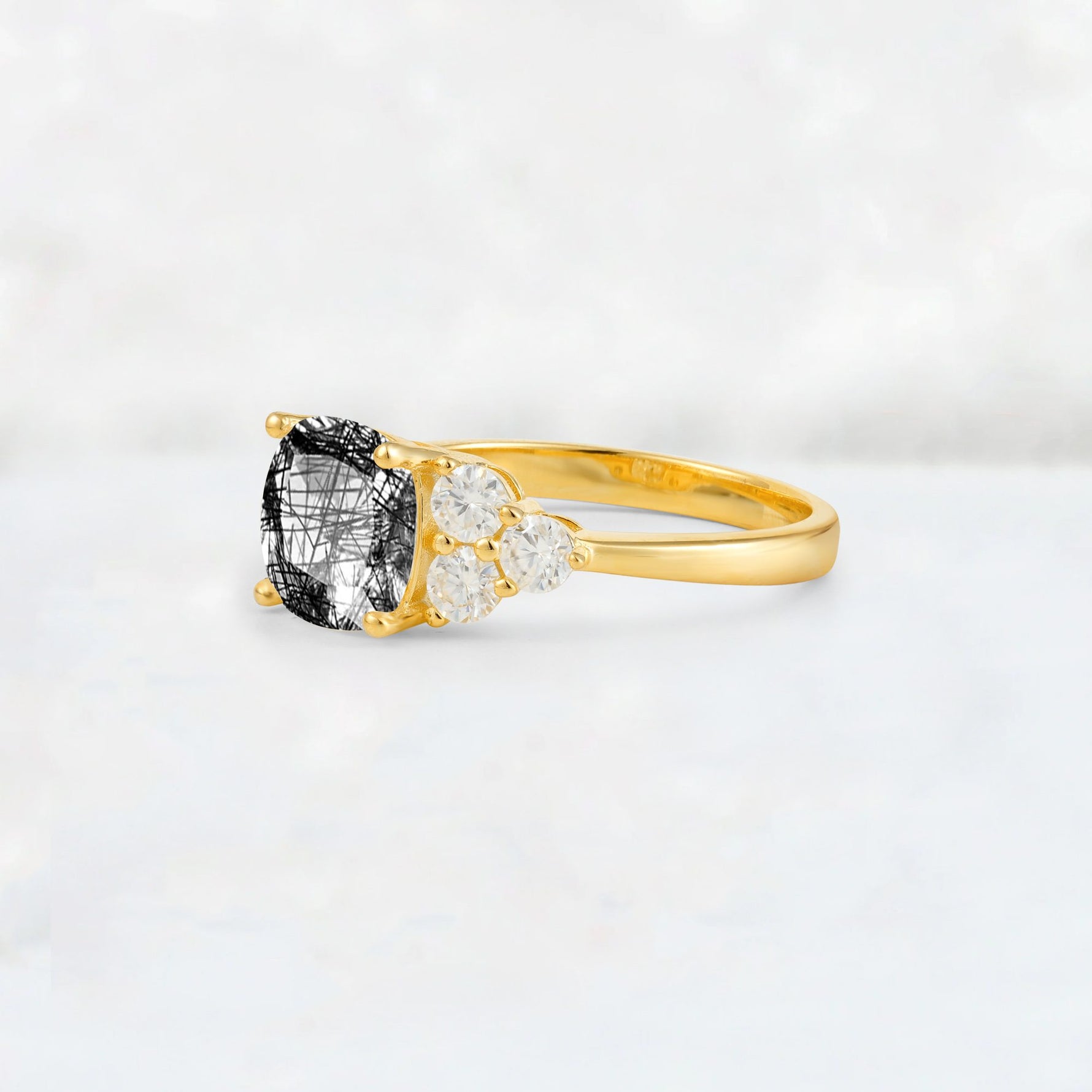Cushion Cut Black Rutilated Quartz Graduated Cluster Side Stone Engagement Ring - Additional view