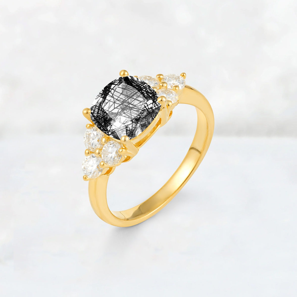 Cushion Cut Black Rutilated Quartz Graduated Cluster Side Stone Engagement Ring - Additional view
