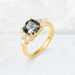 Cushion Cut Black Rutilated Quartz Graduated Cluster Side Stone Engagement Ring - Additional view
