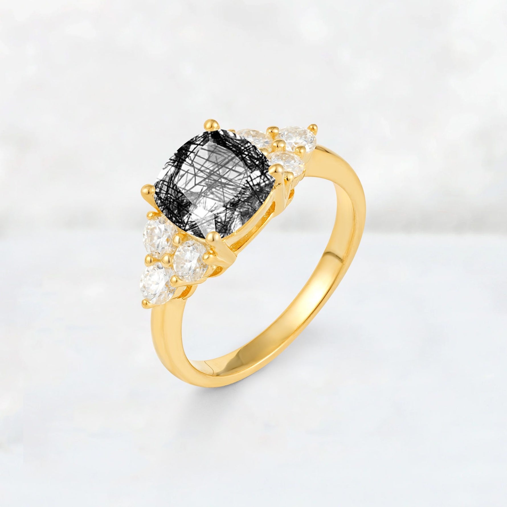 Cushion Cut Black Rutilated Quartz Graduated Cluster Side Stone Engagement Ring - Additional view