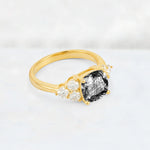 Cushion Cut Black Rutilated Quartz Graduated Cluster Side Stone Engagement Ring - Additional view