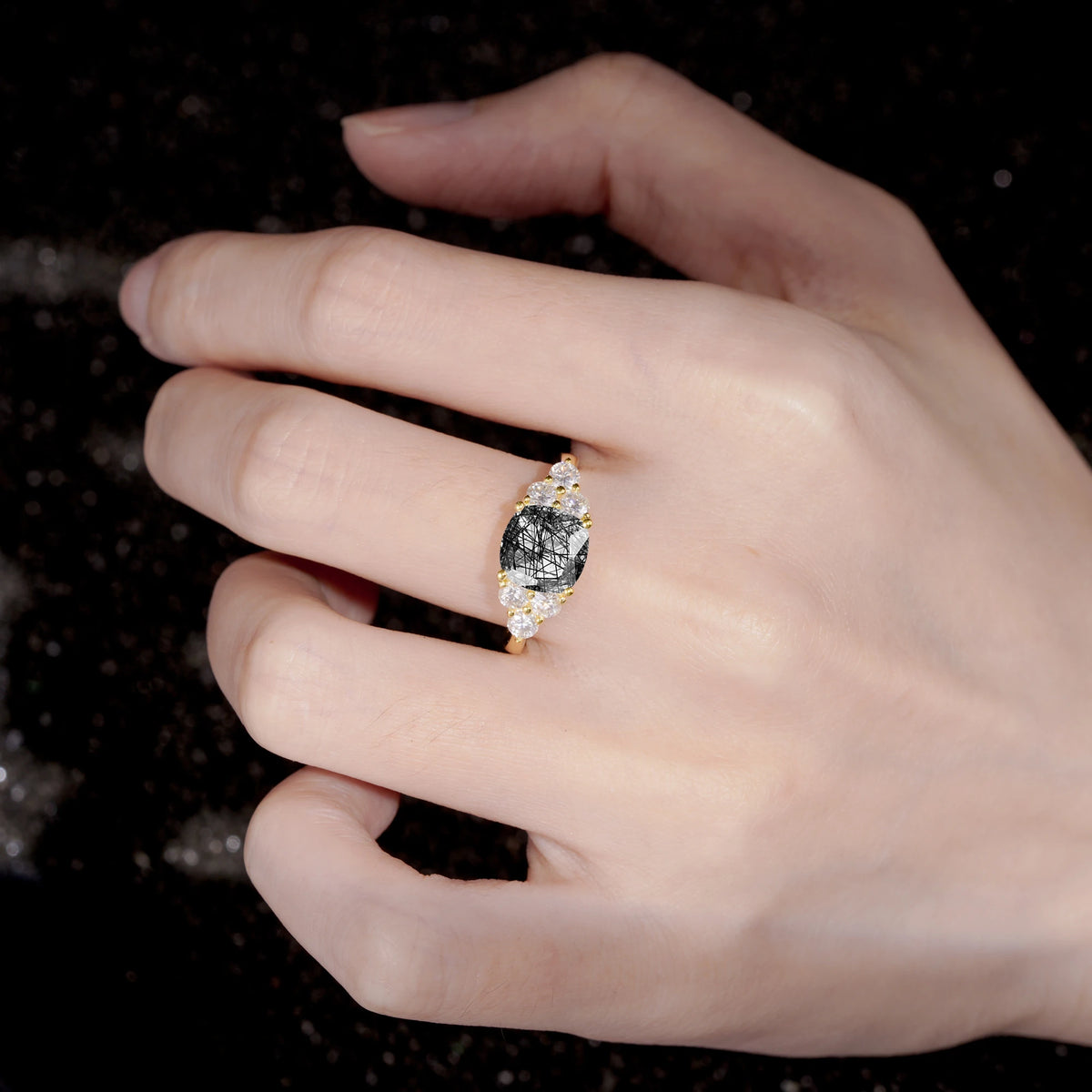 Cushion Cut Black Rutilated Quartz Graduated Cluster Side Stone Engagement Ring - Additional view