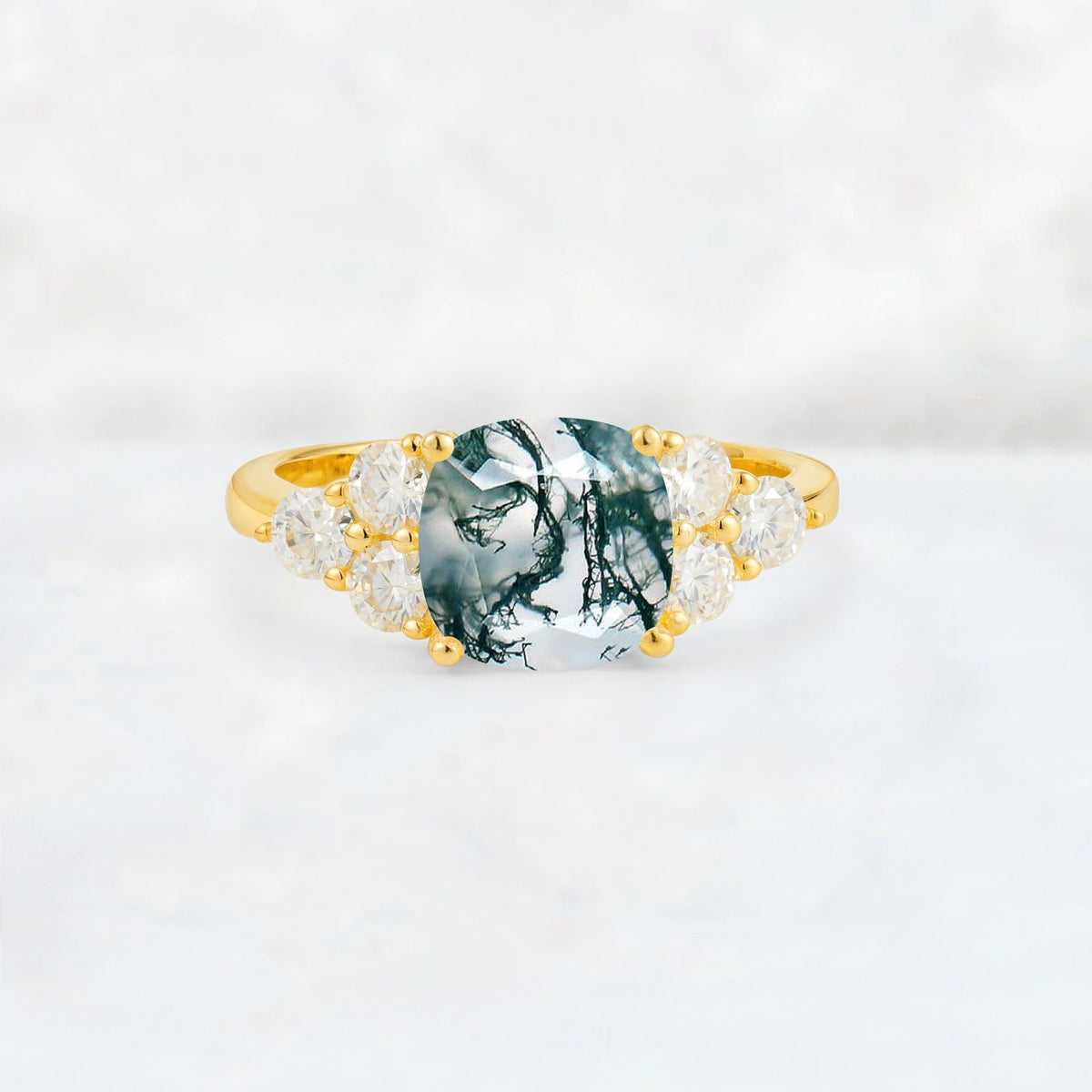 Cushion Cut Moss Agate Graduated Cluster Side Stone Engagement Ring - Additional view