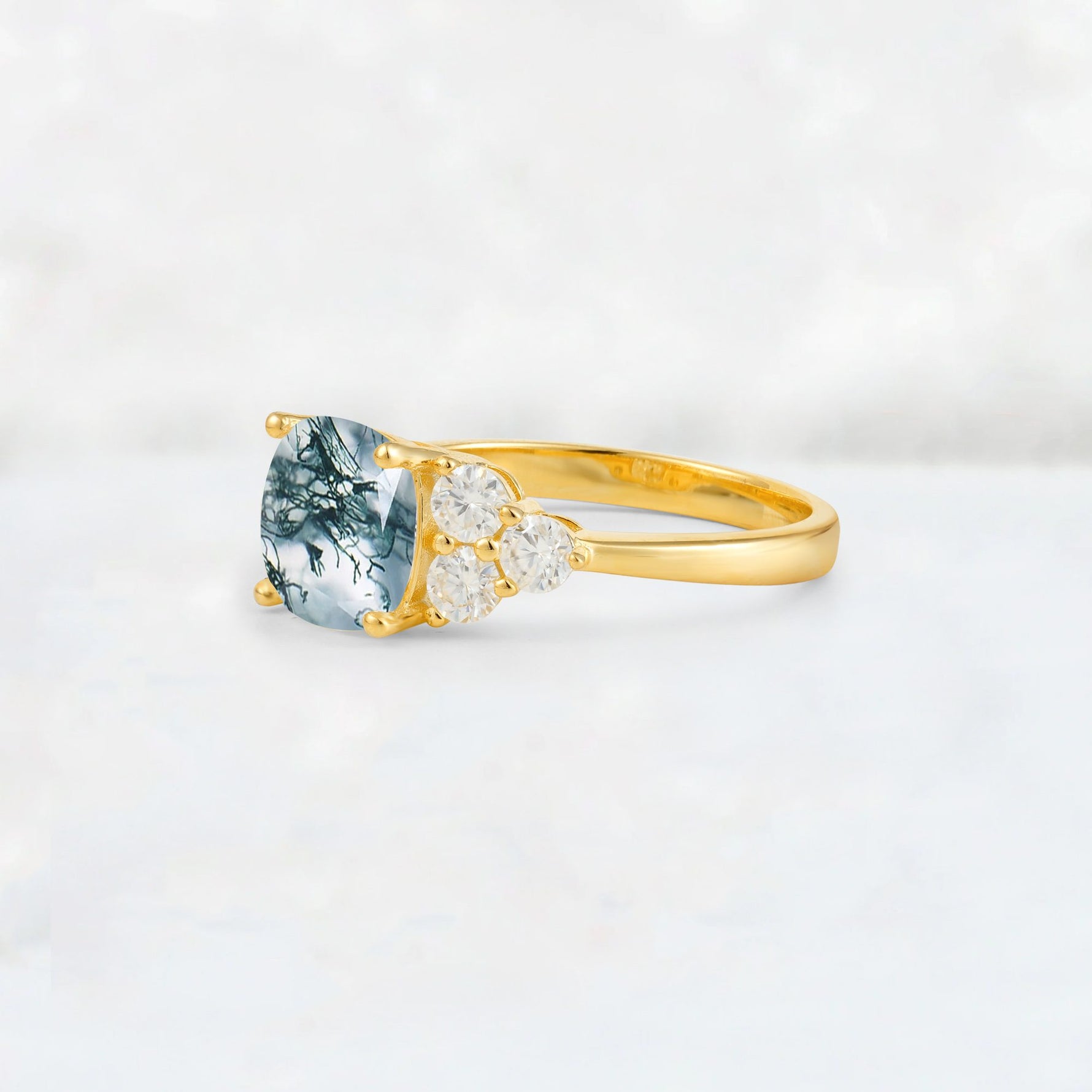 Cushion Cut Moss Agate Graduated Cluster Side Stone Engagement Ring - Additional view