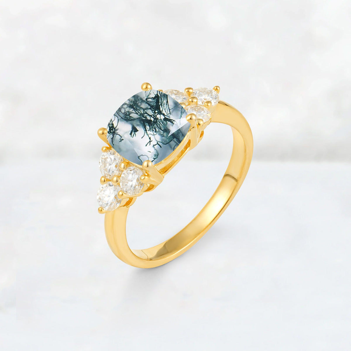 Cushion Cut Moss Agate Graduated Cluster Side Stone Engagement Ring - Additional view