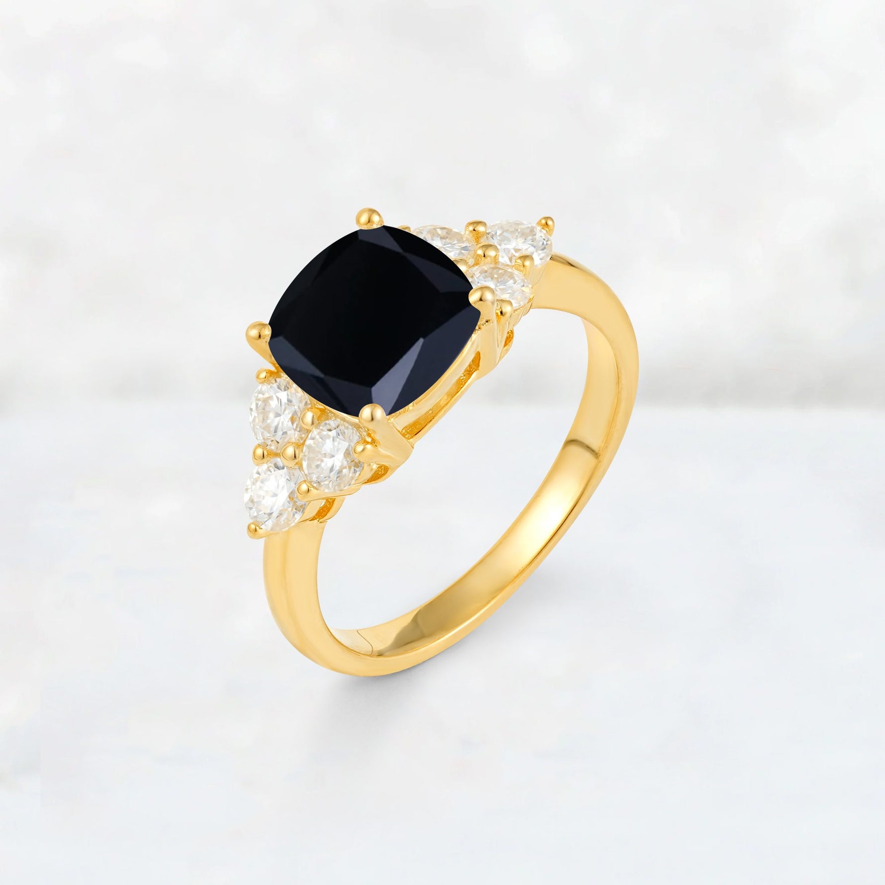 Cushion Cut Black Onyx Graduated Cluster Side Stone Engagement Ring - Additional view