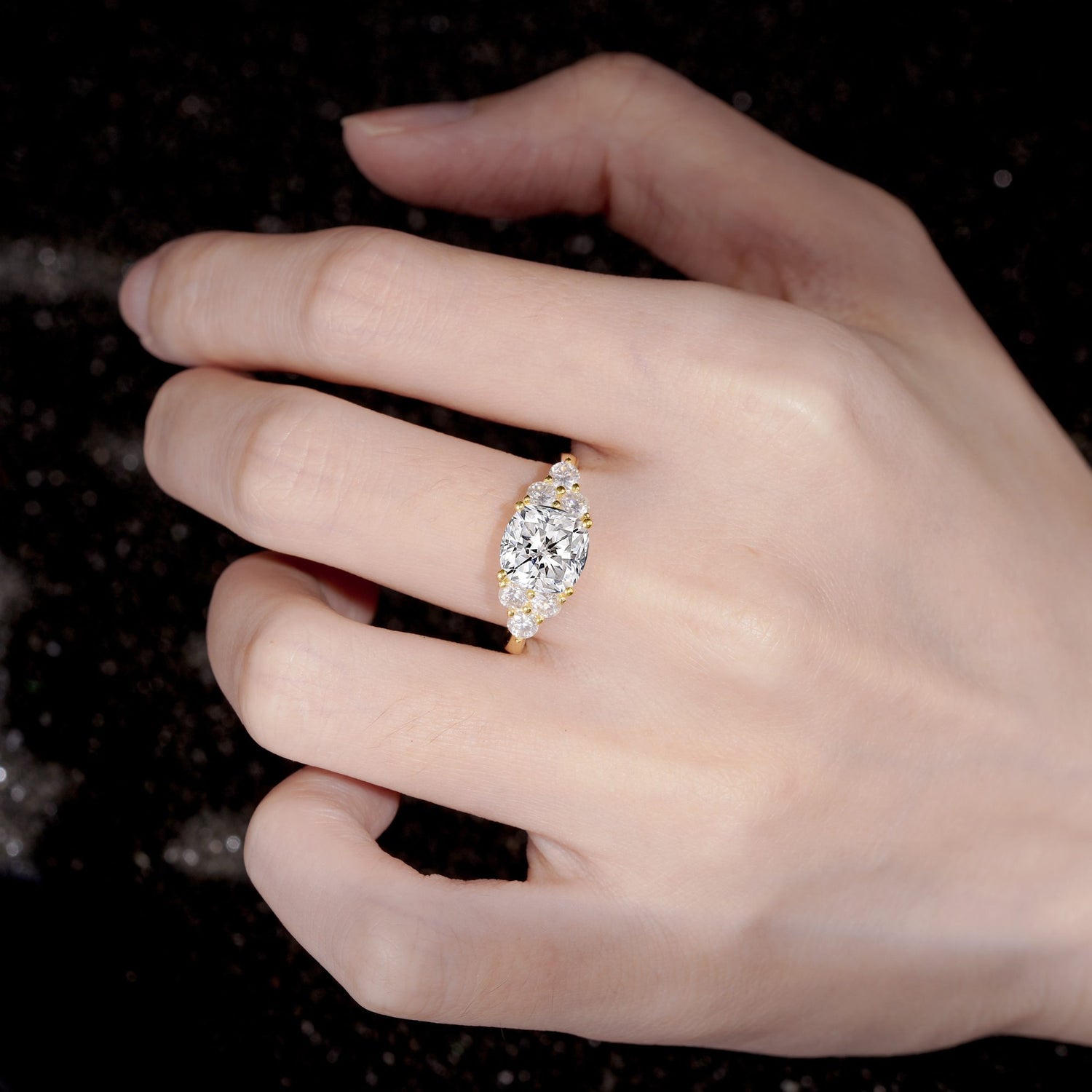 Cushion Cut Lab Diamond Graduated Cluster Side Stone Engagement Ring - Additional view