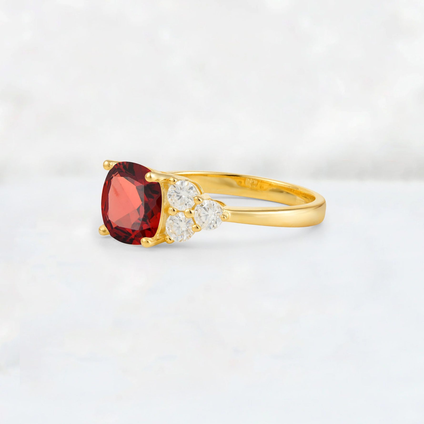 Cushion Cut Garnet Graduated Cluster Side Stone Engagement Ring - Additional view