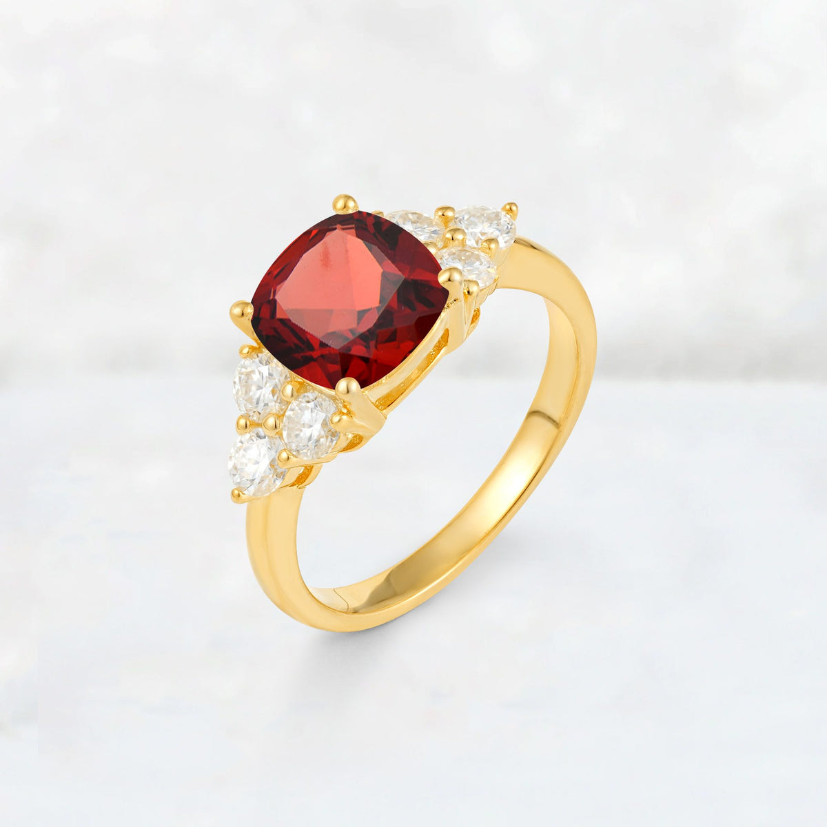 Cushion Cut Garnet Graduated Cluster Side Stone Engagement Ring - Additional view