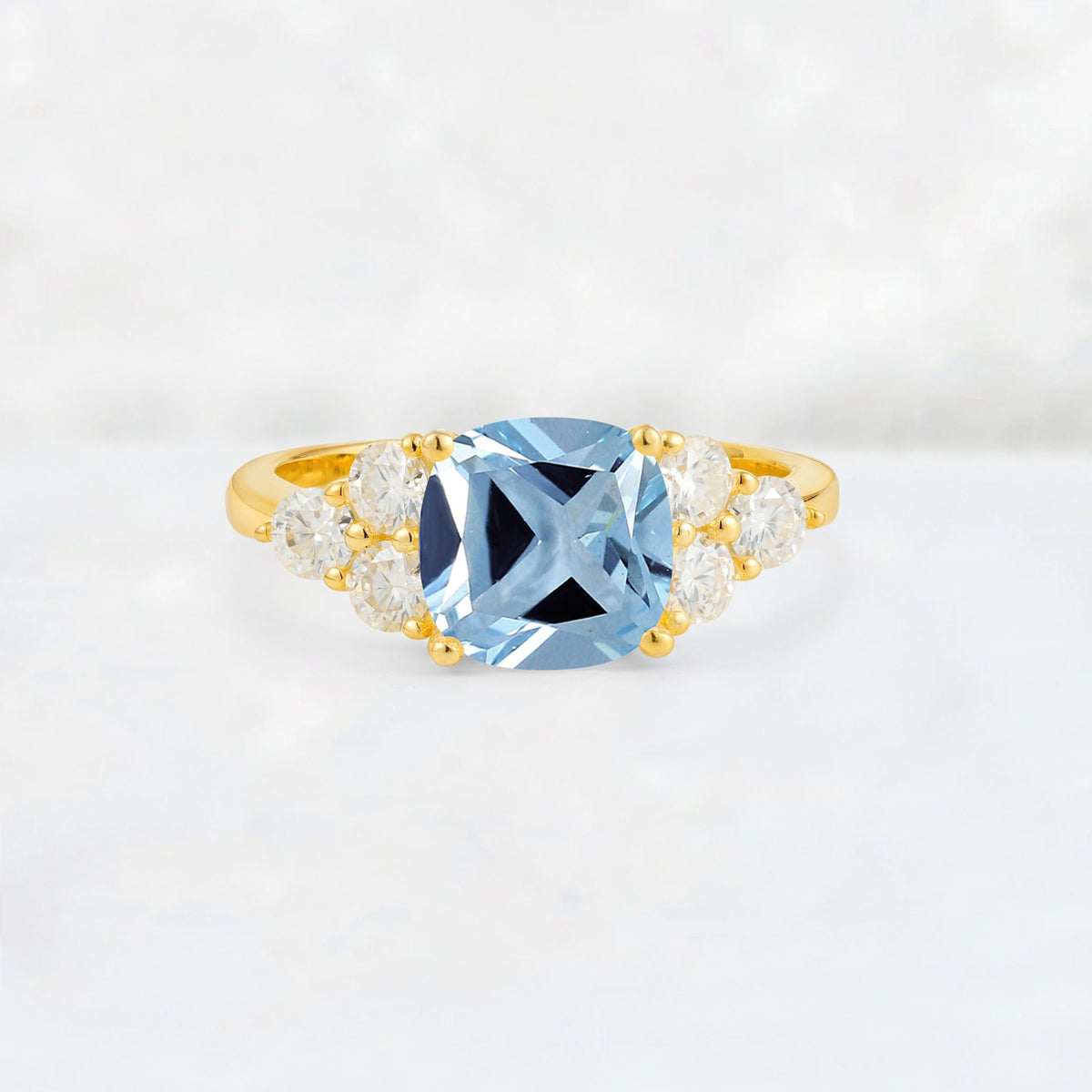 Cushion Cut Aquamarine Graduated Cluster Side Stone Engagement Ring - Additional view