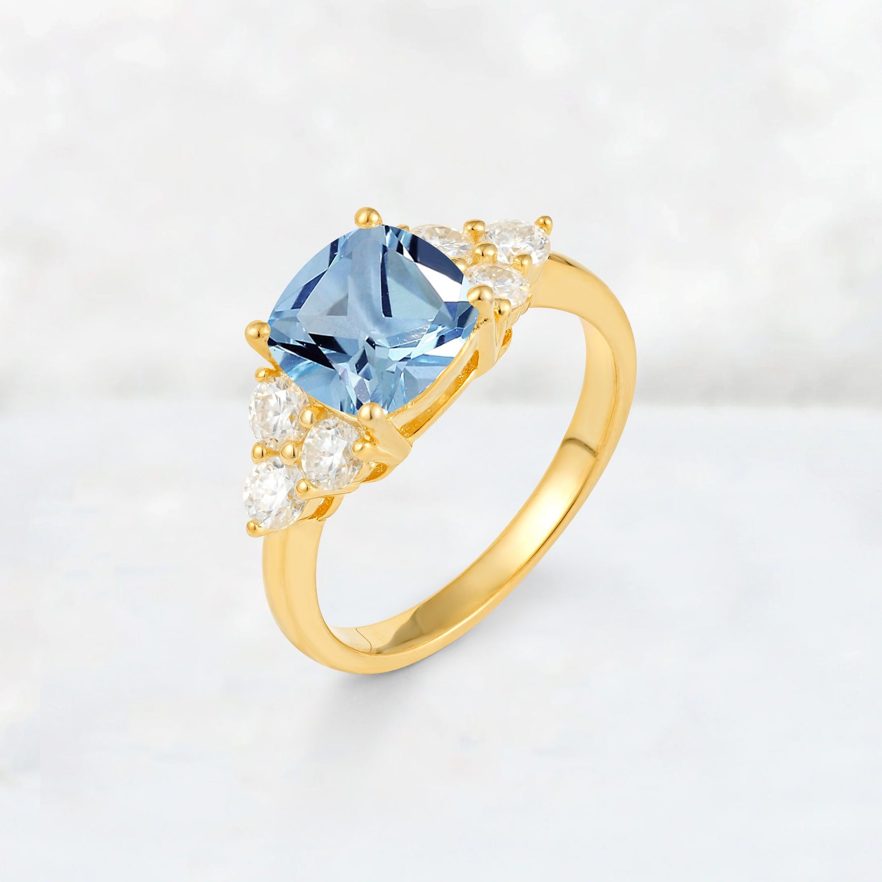 Cushion Cut Aquamarine Graduated Cluster Side Stone Engagement Ring - Additional view