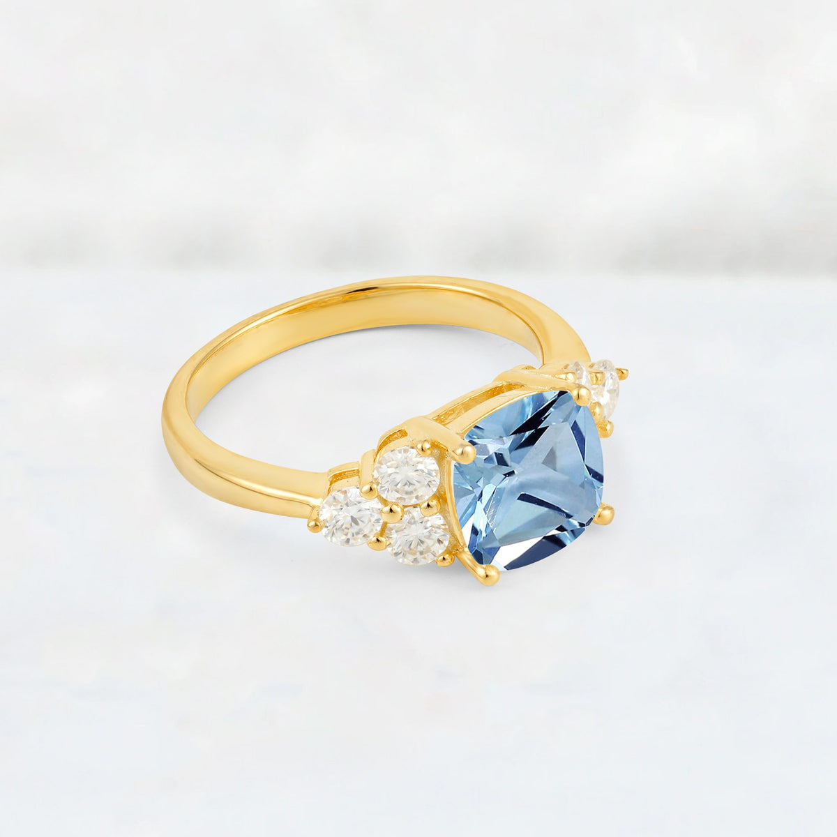 Cushion Cut Aquamarine Graduated Cluster Side Stone Engagement Ring - Additional view