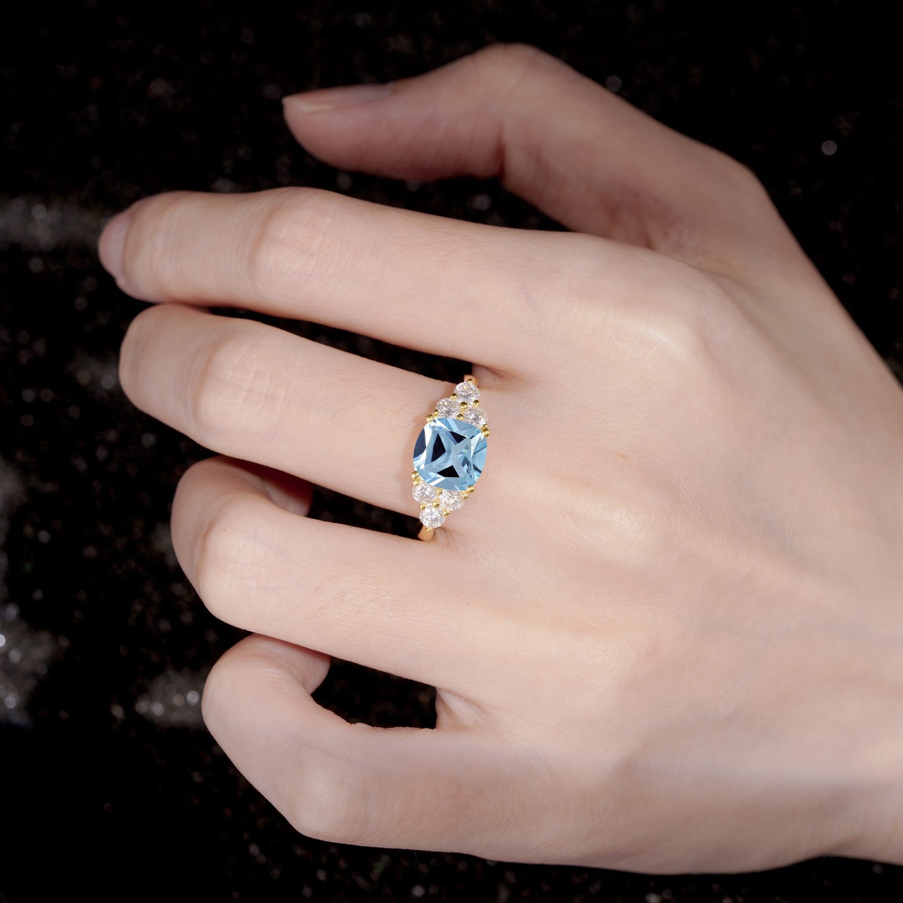 Cushion Cut Aquamarine Graduated Cluster Side Stone Engagement Ring - Additional view
