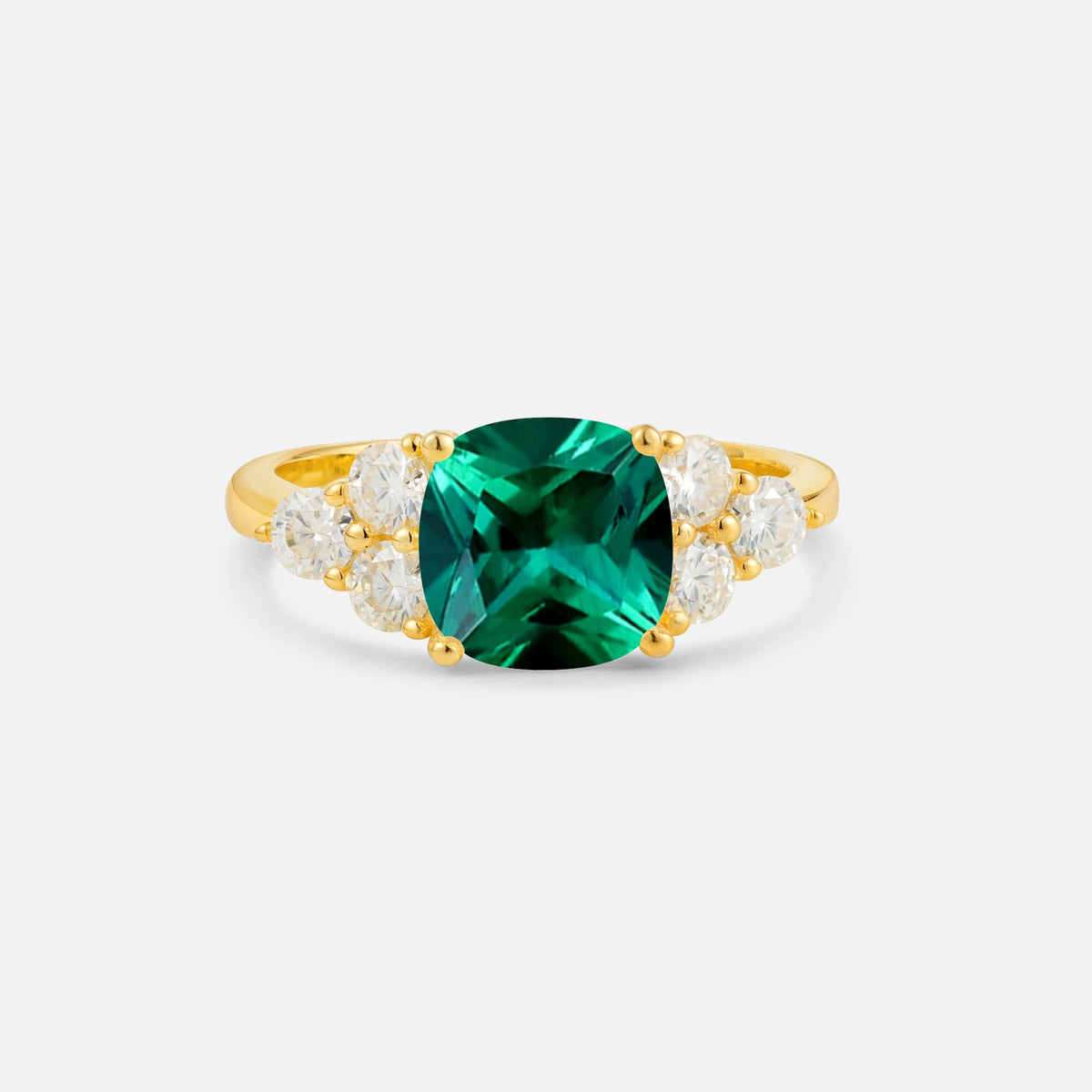 Cushion Cut Emerald Graduated Cluster Side Stone Engagement Ring - Additional view