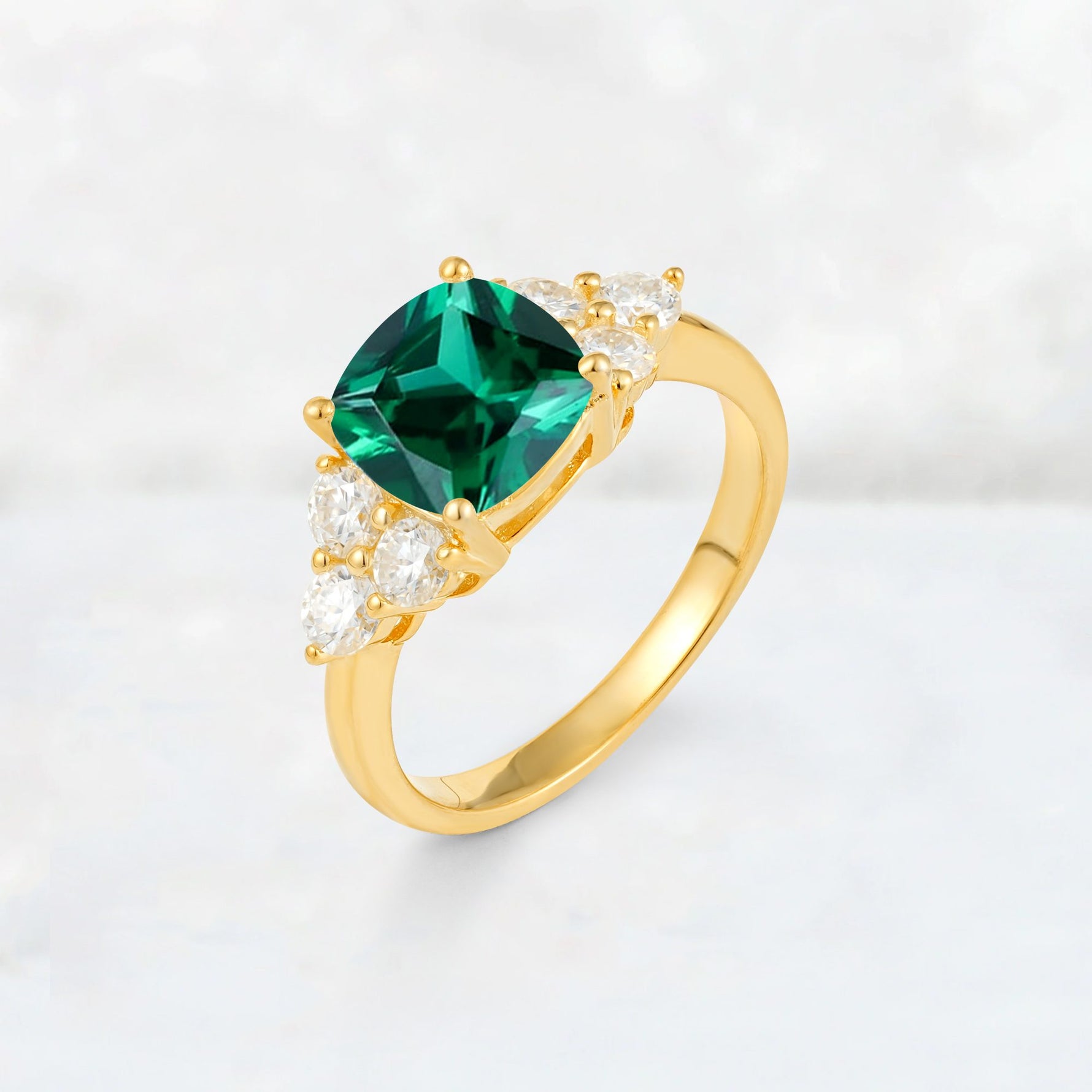Cushion Cut Emerald Graduated Cluster Side Stone Engagement Ring - Additional view