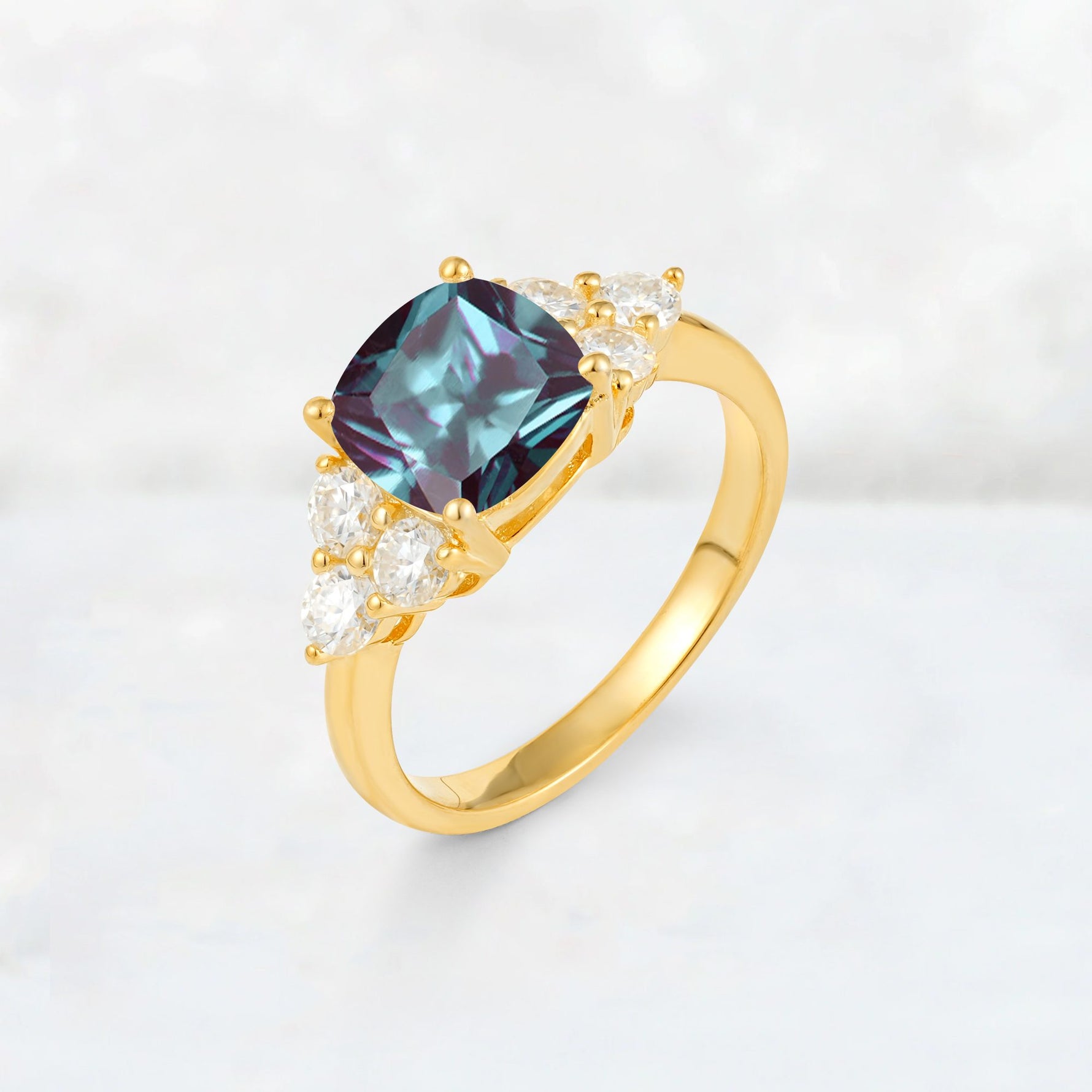 Cushion Cut Alexandrite Graduated Cluster Side Stone Engagement Ring - Additional view