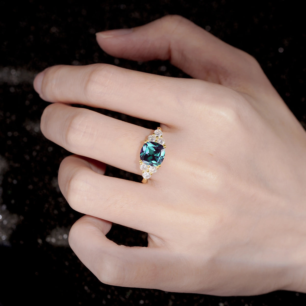 Cushion Cut Alexandrite Graduated Cluster Side Stone Engagement Ring - Additional view