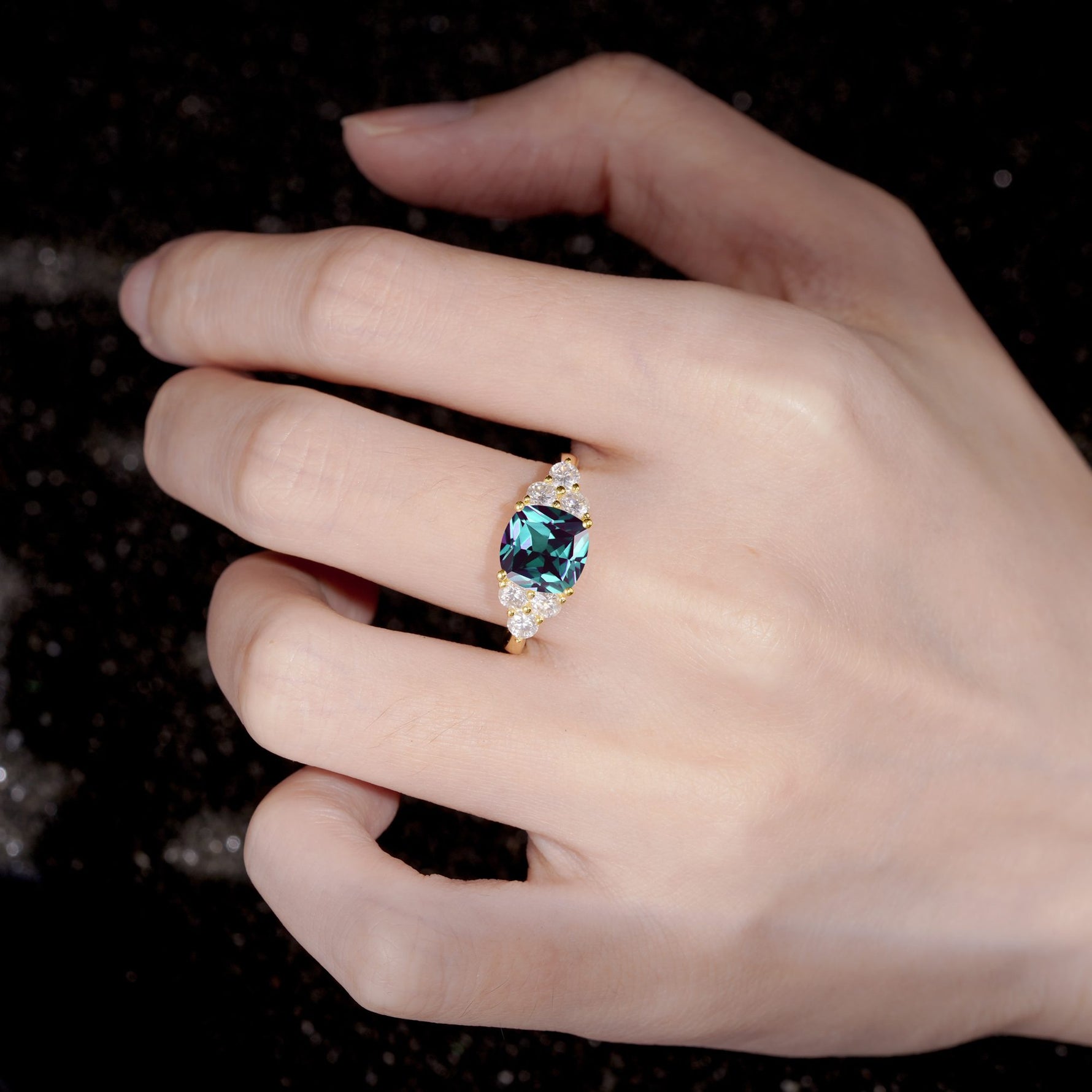 Cushion Cut Alexandrite Graduated Cluster Side Stone Engagement Ring - Additional view
