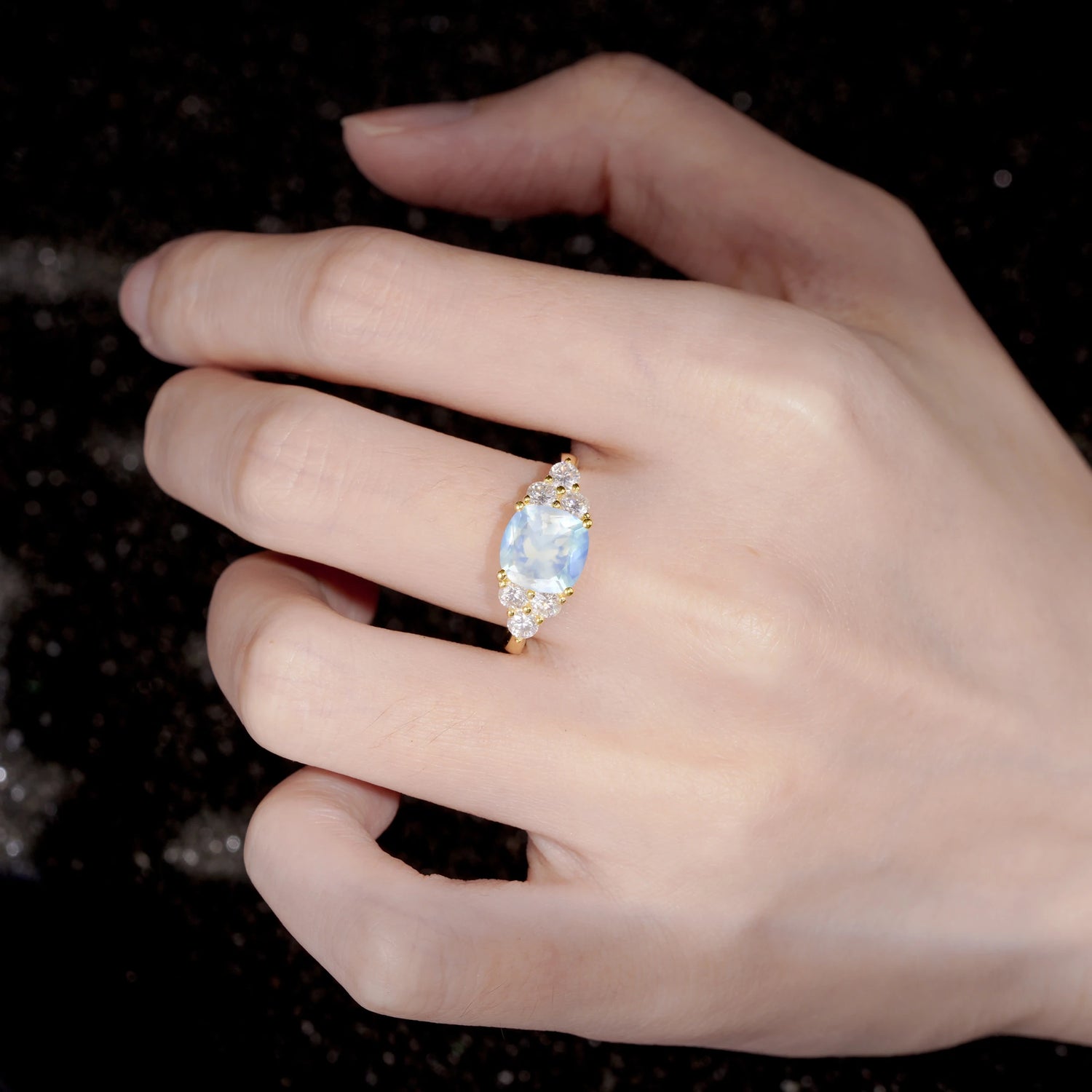 Cushion Cut Moonstone Graduated Cluster Side Stone Engagement Ring - Additional view